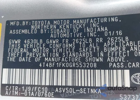 2016 Toyota Camry Le из США, поврежденный, VIN 4T4BF1FK0GR553208